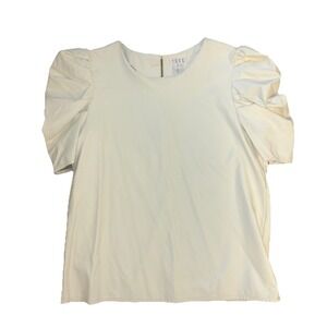 TCEC Shirt Sz Lg White Top Blouse Faux Leather Cream Puff Ruffle Sleeve Career